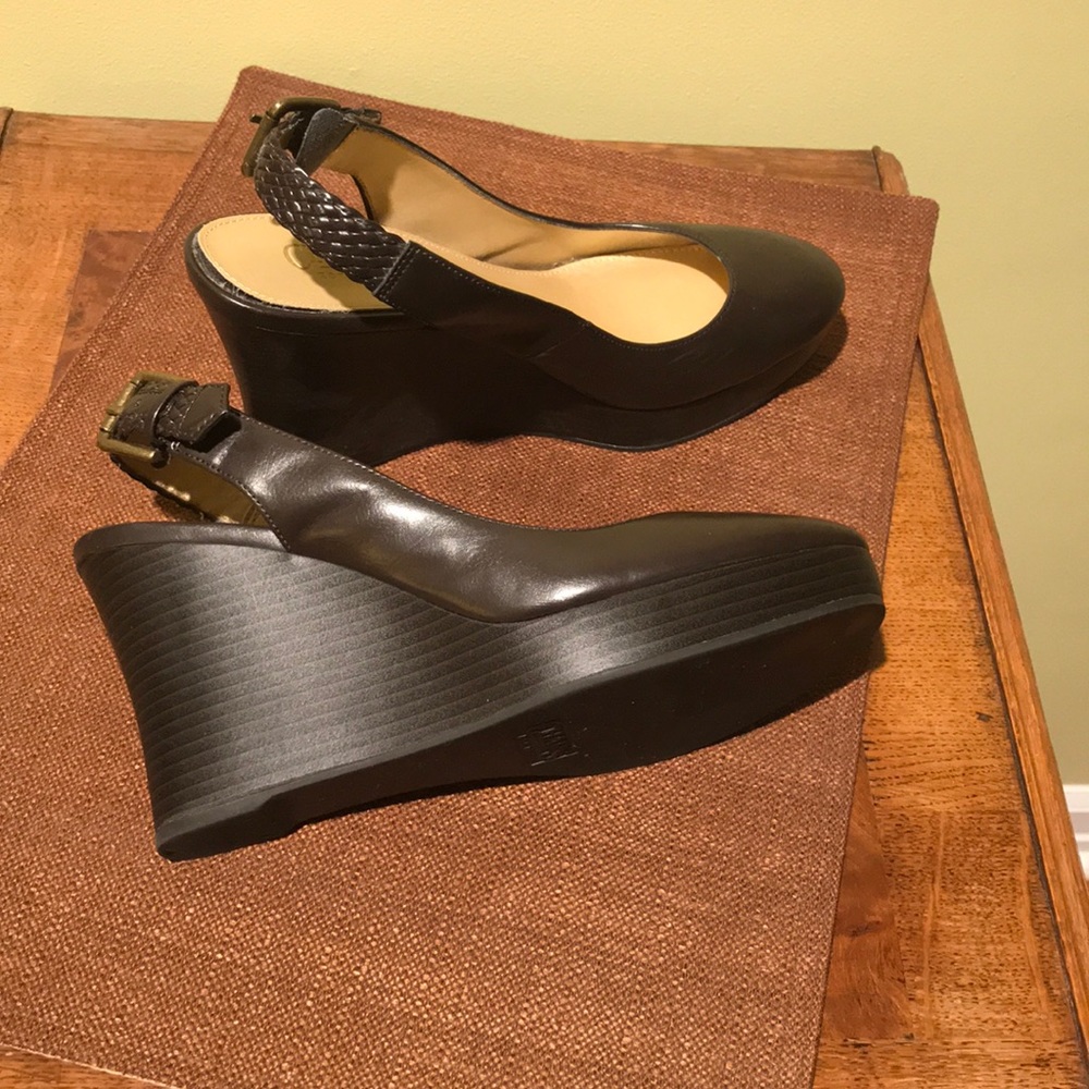 brown wedges shoes slingback adjustable buckle